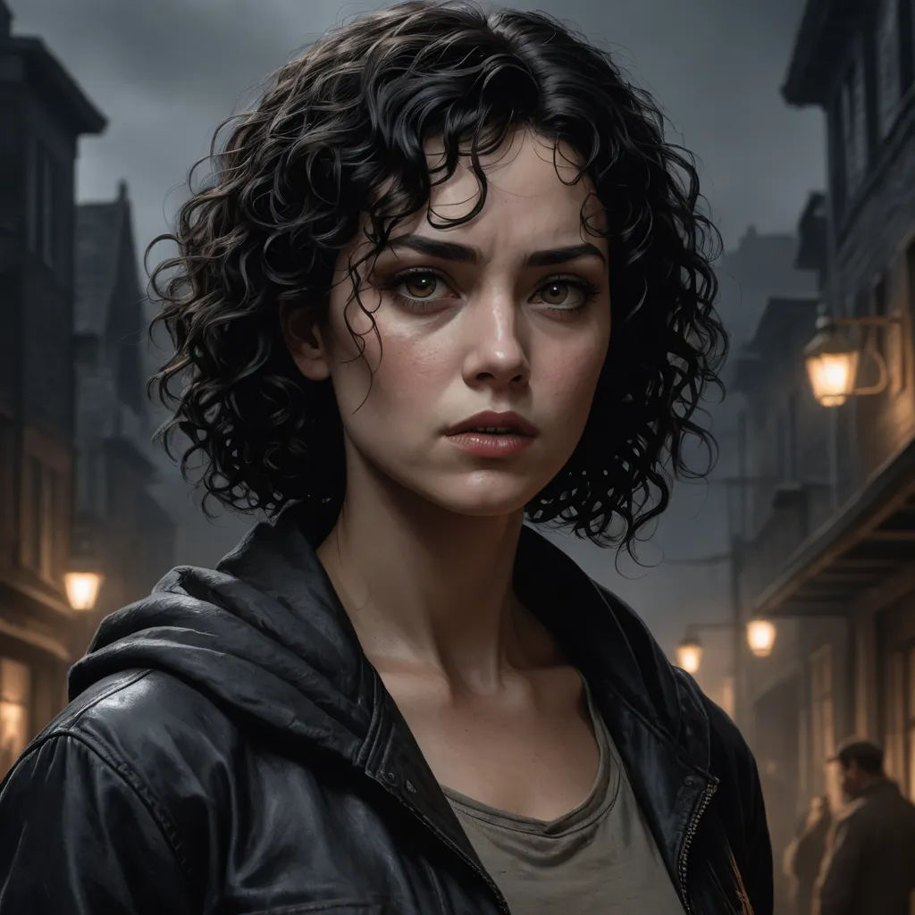 a woman with curly hair standing in a street at night with a man in the background looking at the camera, serial art, a character portrait, Clint Cearley, key art