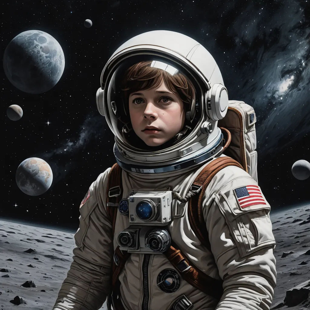 a young boy in an astronaut suit standing on the moon with planets in the background and a third planet in the distance, space art, a detailed matte painting, David Palumbo, highly detailed digital painting