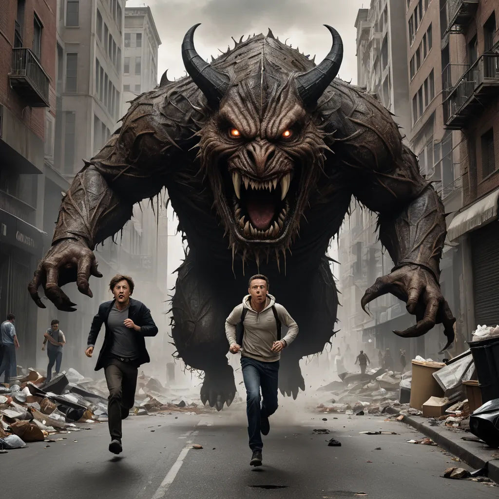 a group of people running down a street next to a giant monster with huge teeth and huge teeth on it, fantastic realism, concept art, Dirk Crabeth, weta digital