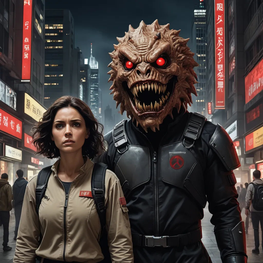 a woman and a man in a city with a monster mask on their face and a city street with people walking on the sidewalk, altermodern, a character portrait, Dirk Crabeth, promotional image