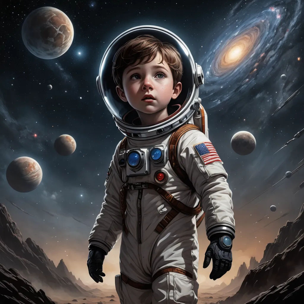 a painting of a boy in a space suit standing in front of planets and stars, with a space shuttle in the background, space art, a detailed matte painting, Aaron Jasinski, highly detailed digital painting