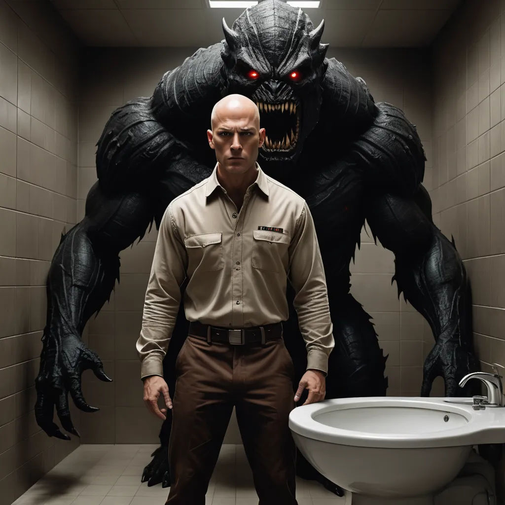 a man standing in a bathroom next to a giant monster statue in a bathroom stall with a sink and toilet, international gothic, a poster, Dirk Crabeth, promotional image