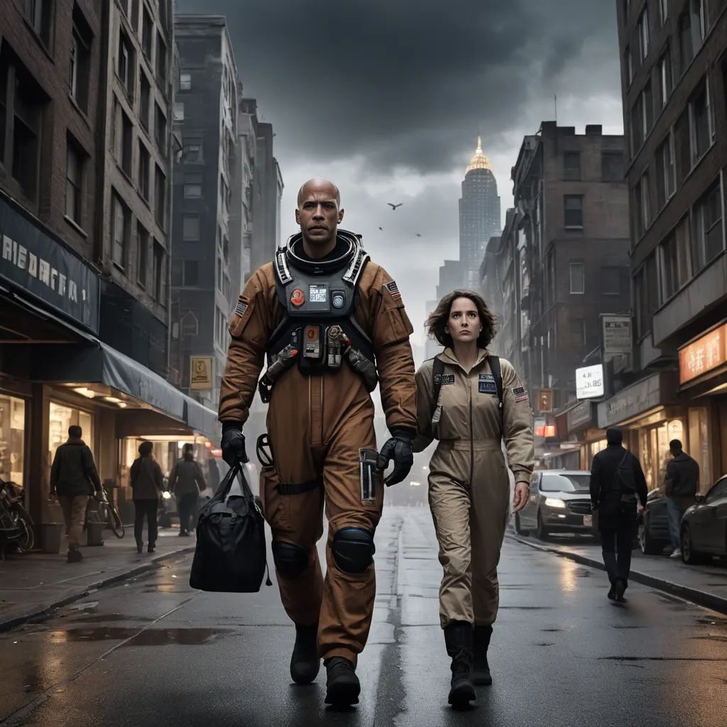 a man and a woman walking down a street in a space suit and overalls, with a city in the background, retrofuturism, a detailed matte painting, Edward George Handel Lucas, vfx