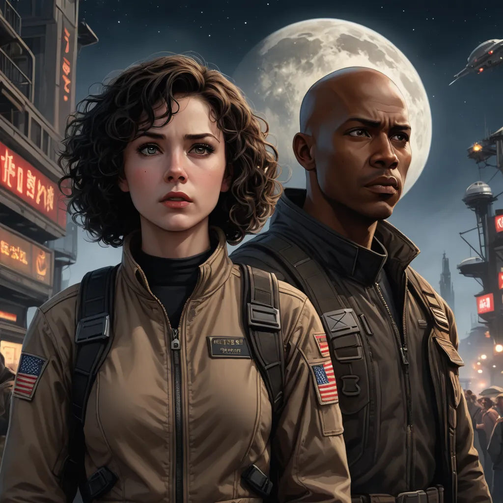 a couple of people standing next to each other in front of a city at night with a full moon, sots art, poster art, David Palumbo, key art