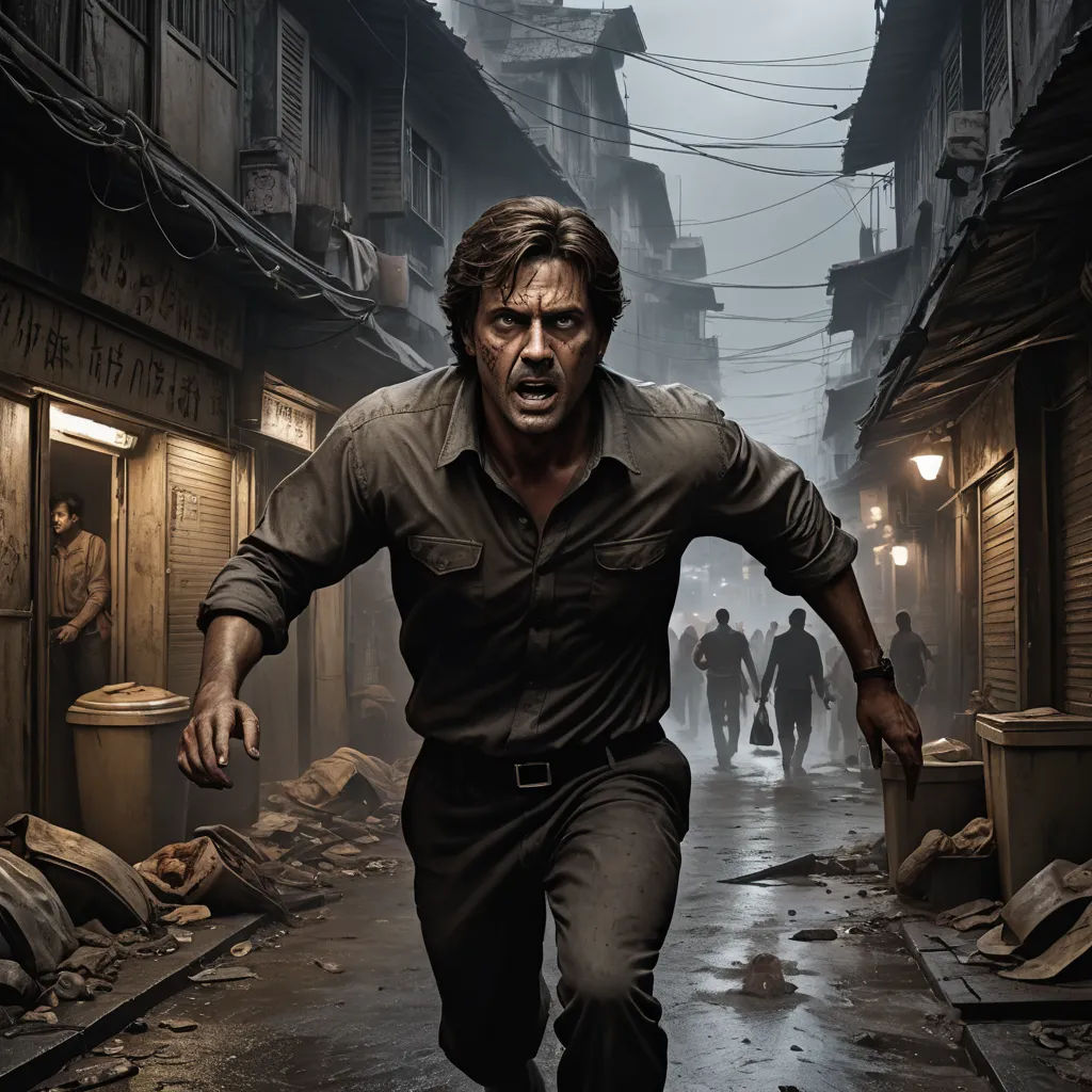 a man running down a street in a dirty city with people walking by him and a dog on the sidewalk, rayonism, a detailed matte painting, Derek Hill, promotional image