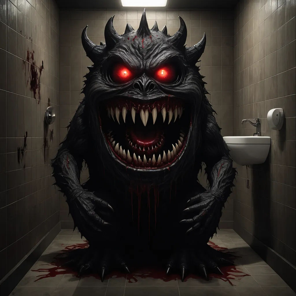 a bathroom with a monster like creature in the middle of the floor and a sink in the background with a light on, gothic art, a digital rendering, Anne Stokes, dark fantasy art