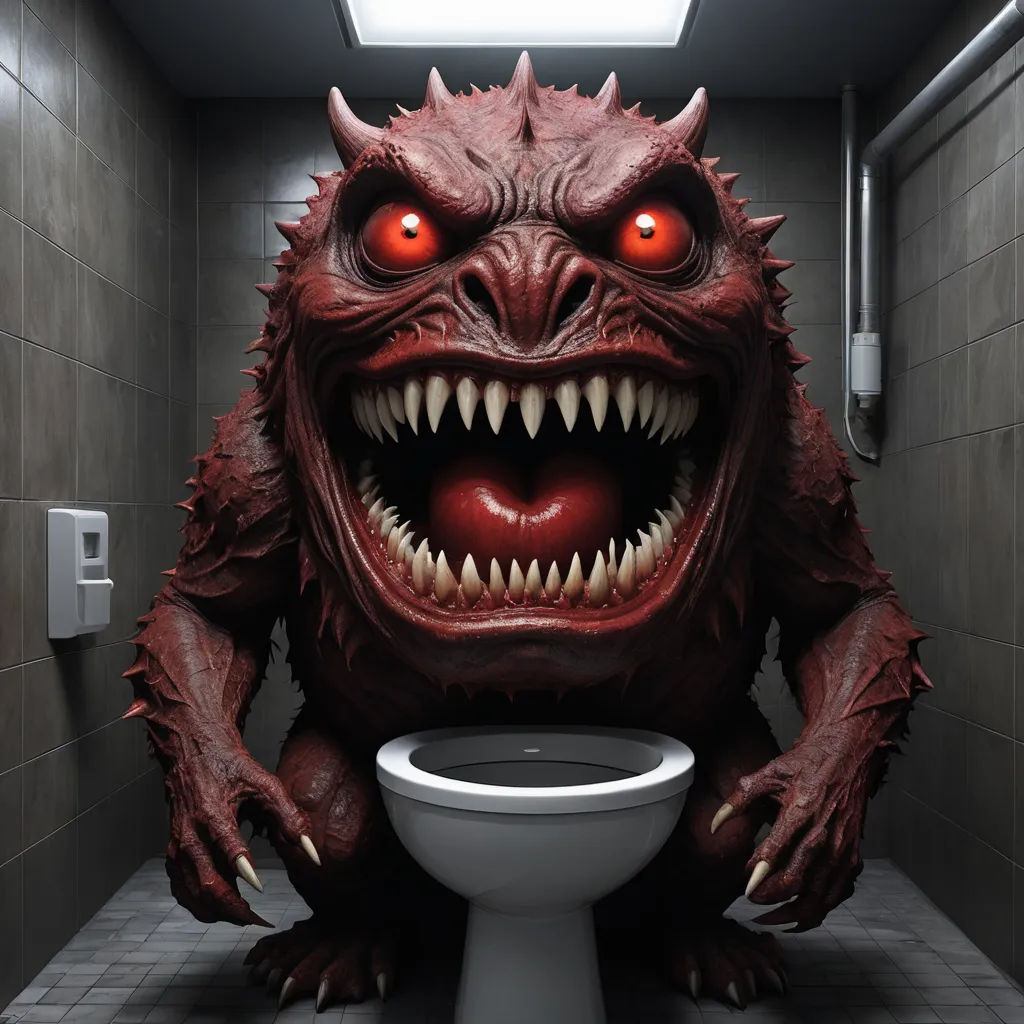 a bathroom with a giant monster head on the wall and a toilet bowl in the floor and a tiled wall, transgressive art, a digital rendering, Christopher Moeller, selfie
