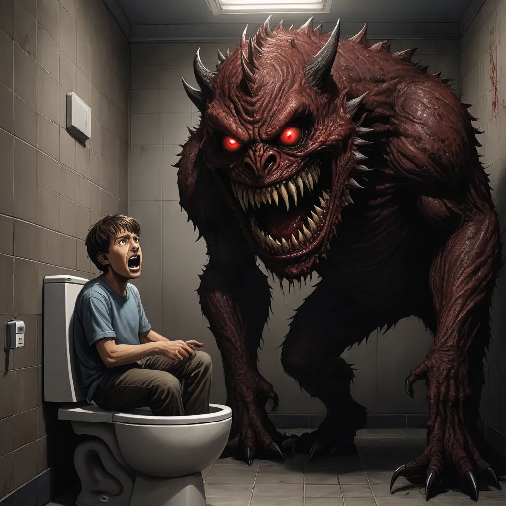 a man sitting on a toilet with a monster on the wall behind him in a bathroom with a toilet seat, fantasy art, a storybook illustration, Anne Stokes, nightmare