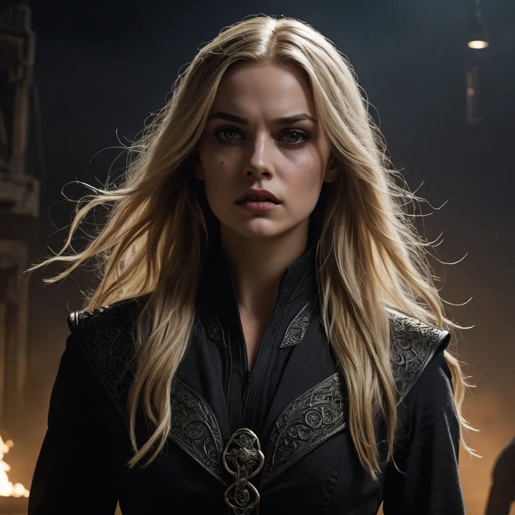a woman in a black outfit with a sword in her hand and a fire in the background behind her, antipodeans, a character portrait, Araceli Gilbert, promotional image