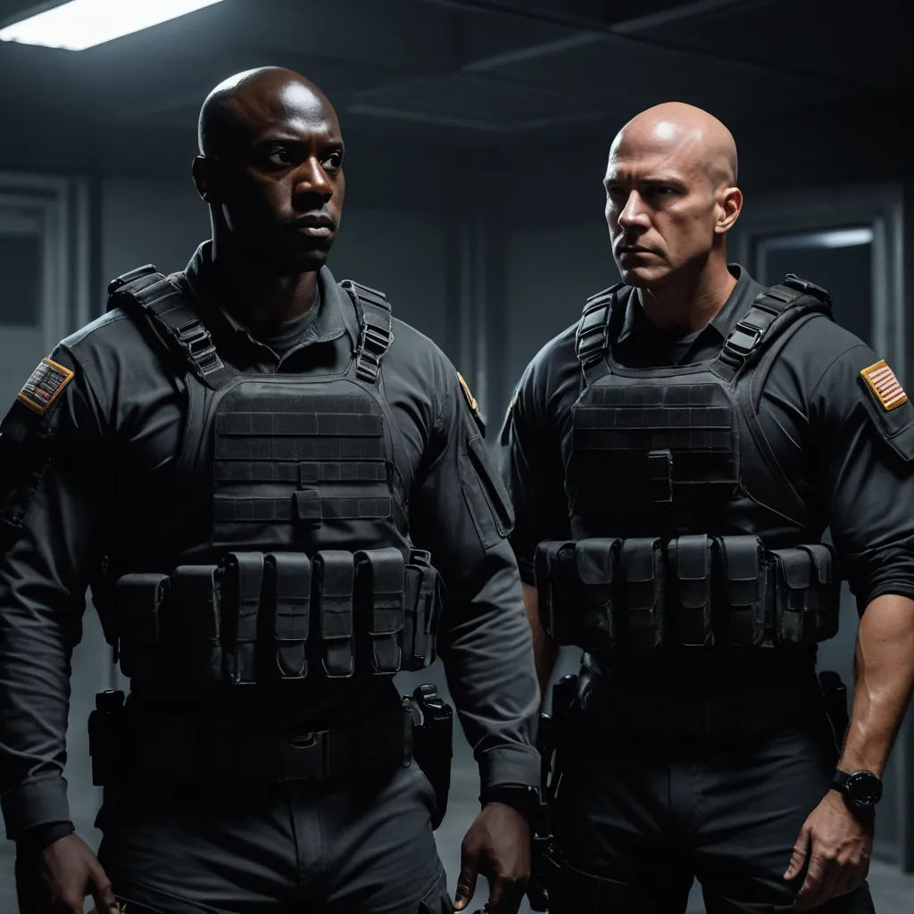 two men in black uniforms standing in a room with a light on the ceiling and a ceiling fan behind them, antipodeans, poster art, Derold Page, promotional image