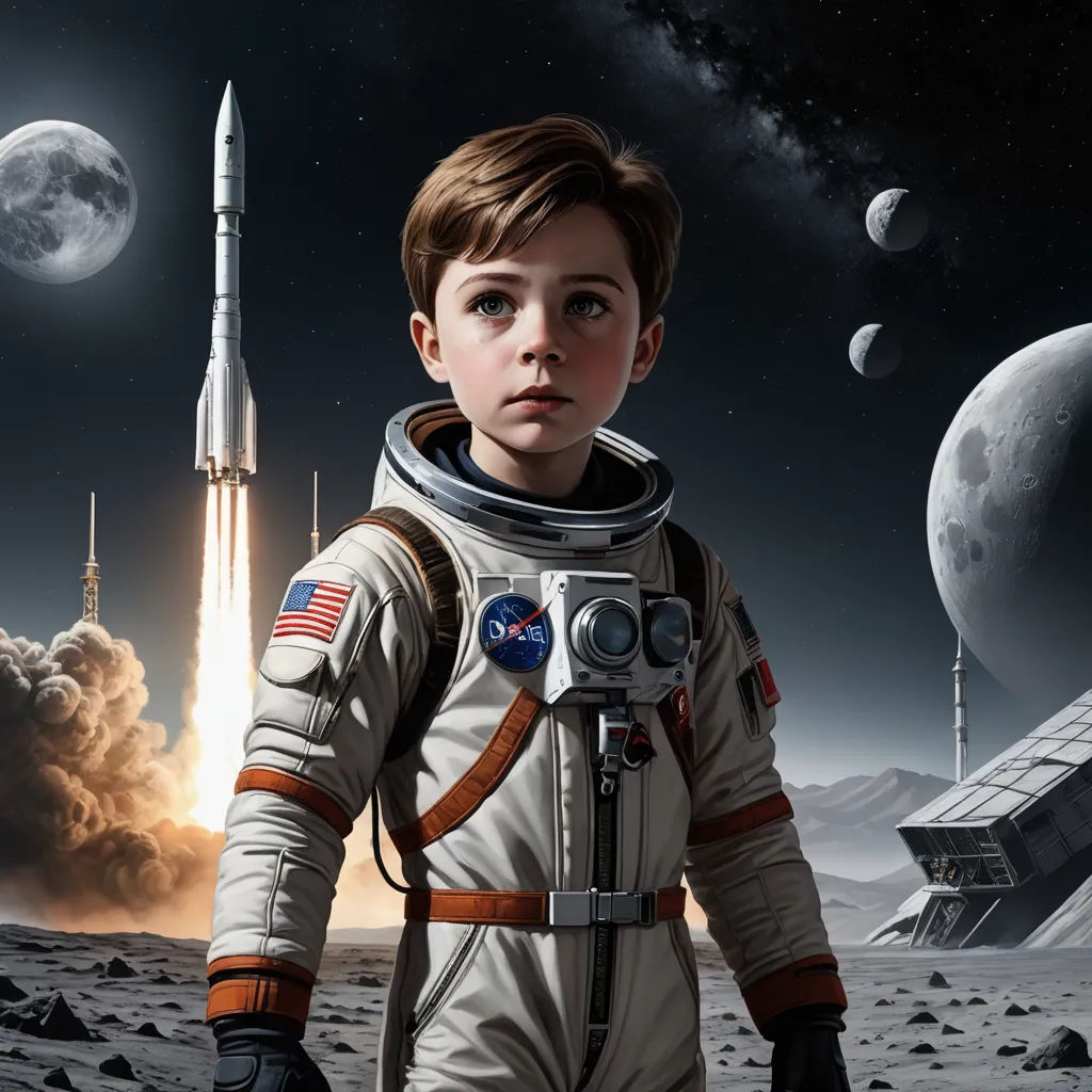 a young boy in a space suit standing in front of a rocket and a space station with a rocket on the moon, space art, a detailed matte painting, Aaron Jasinski, highly detailed digital painting