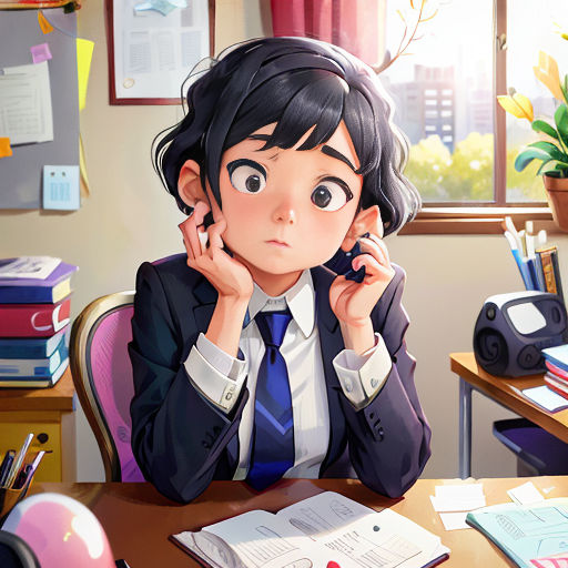 a woman sitting at a desk with a phone to her ear and a book to her ear, in front of a window