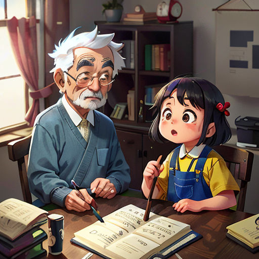 a man and a little girl sitting at a table with books and a pen in front of them,