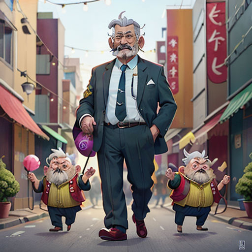 a man in a suit and tie walking down a street with three small gnomes on either side of him