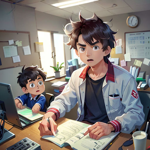 a man sitting at a desk with a child in front of him and a computer on the desk behind him