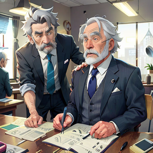 two men in suits are looking at a piece of paper with a graph on it and a pen in his hand