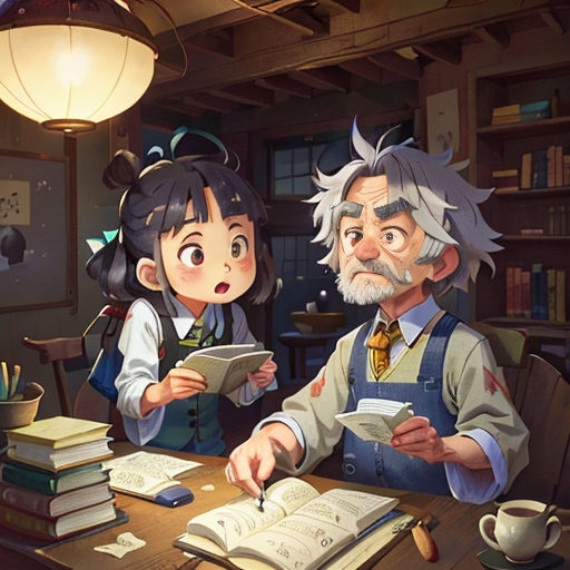 a man and a woman sitting at a table with books and a lamp above them, looking at a book