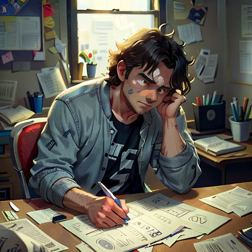 a man sitting at a desk with papers and pens in his hand and looking at the camera with a serious look on his face