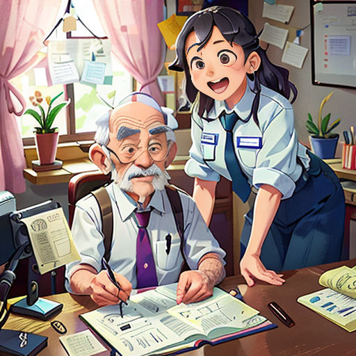 a man and a woman sitting at a desk with a book and a camera in front of them, and a man in uniform