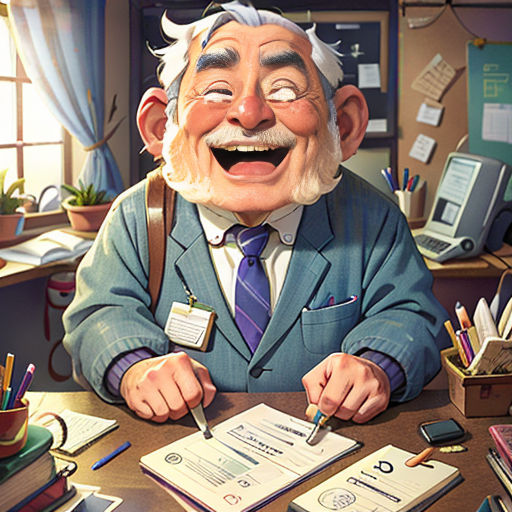 a cartoon character sitting at a desk with a pen and paper in his hand and a notebook in his other hand