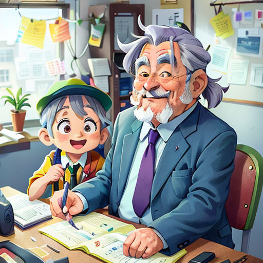 a man and a child sitting at a desk with a book and pen in front of them, and a phone