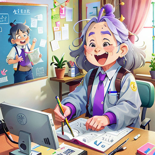 a girl is sitting at a desk with a computer and a book in front of her and a drawing of a boy