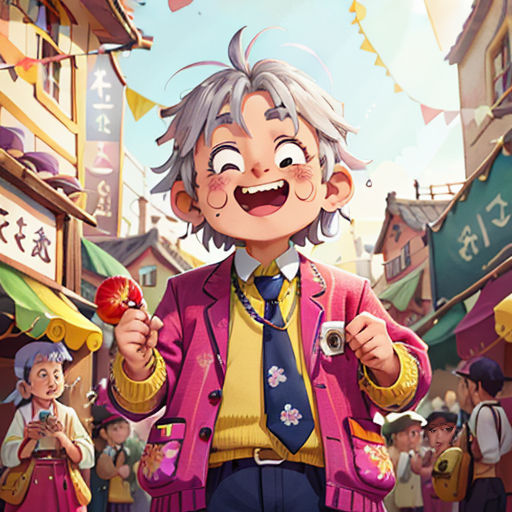 a cartoon character holding an apple in a crowded street with people in the background and a sky background with clouds