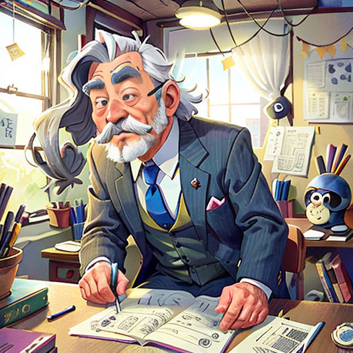 a man sitting at a desk with a book in his hand and a book in his other hand, with a cartoon character in the background
