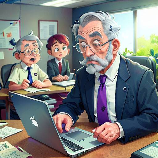 a man sitting at a desk with a laptop computer in front of him and other people in the background