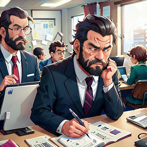 a man sitting at a desk with a laptop computer in front of him and another man in a suit
