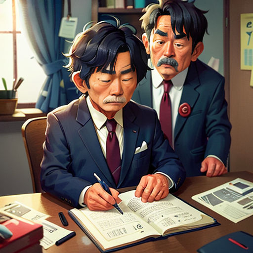 a couple of people sitting at a table with a book and pen in front of them and a book on the table