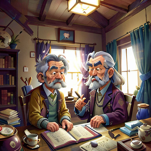 two old men sitting at a table with books and a cup of coffee in front of them, one of them is reading a book