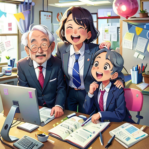 a family of three sitting at a desk with a laptop computer and books on it, all smiling and posing for a picture