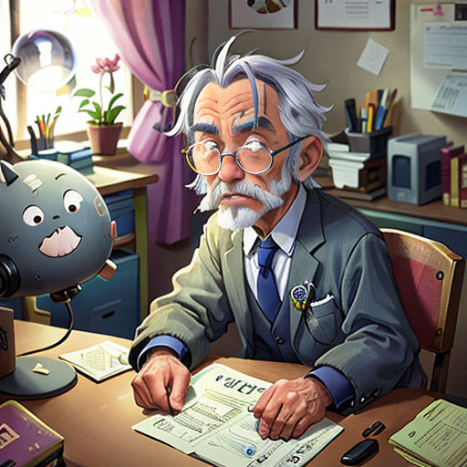 a man sitting at a desk with a cat on the desk next to him and a computer on the desk