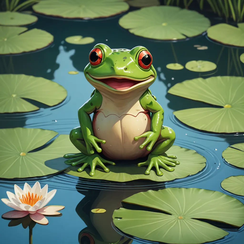 a frog sitting on a lily pad in a pond with lily pads around it and a lily pad in the foreground, fantasy art, a digital painting, Chris LaBrooy, highly detailed digital painting
