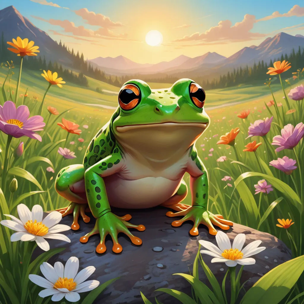 a frog sitting on a rock in a field of flowers and daisies with the sun in the background, fantasy art, a digital painting, Andries Stock, professional digital painting