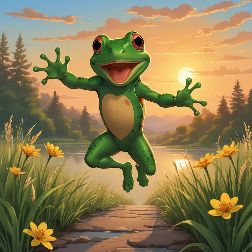 a frog jumping in the air over a river with a sunset in the background and flowers in the foreground, altermodern, a digital painting, Chris LaBrooy, magic the gathering artwork