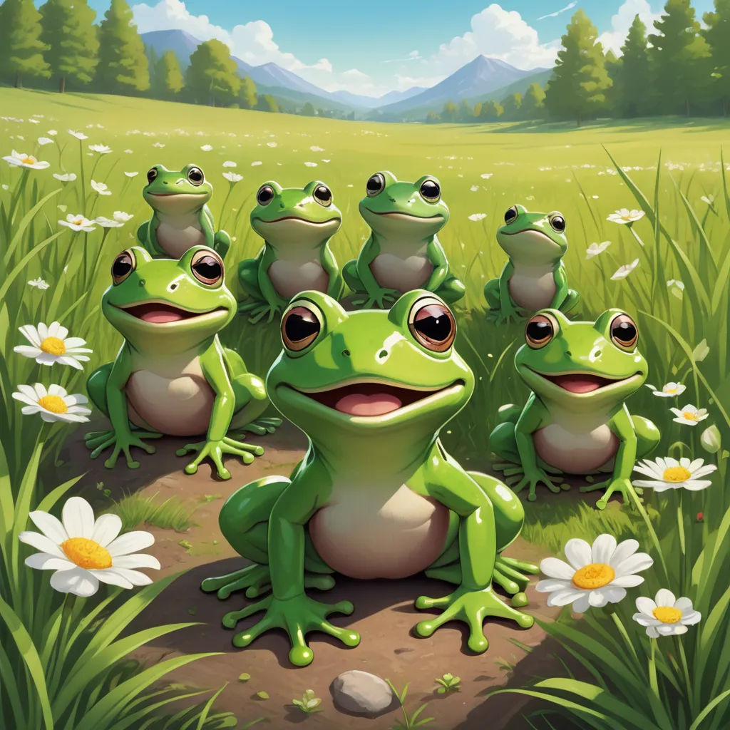a group of frogs sitting on a field of grass and daisies with a mountain in the background with a sky and clouds, fantasy art, a stock photo, Andries Stock, hearthstone