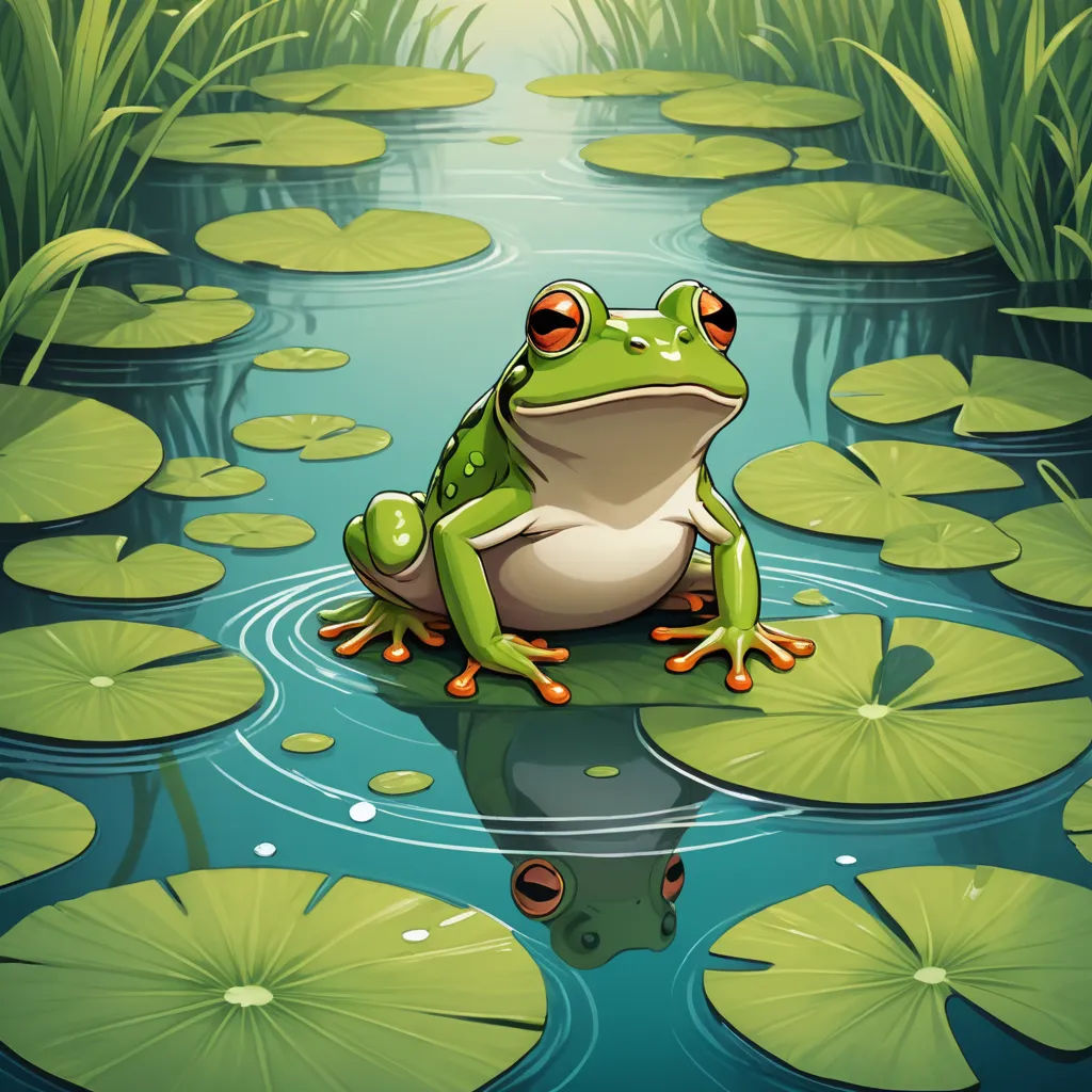 a frog sitting on a lily pad in a pond of water with lily pads around it and a bright sun in the background, fantasy art, a storybook illustration, Andries Stock, highly detailed digital art