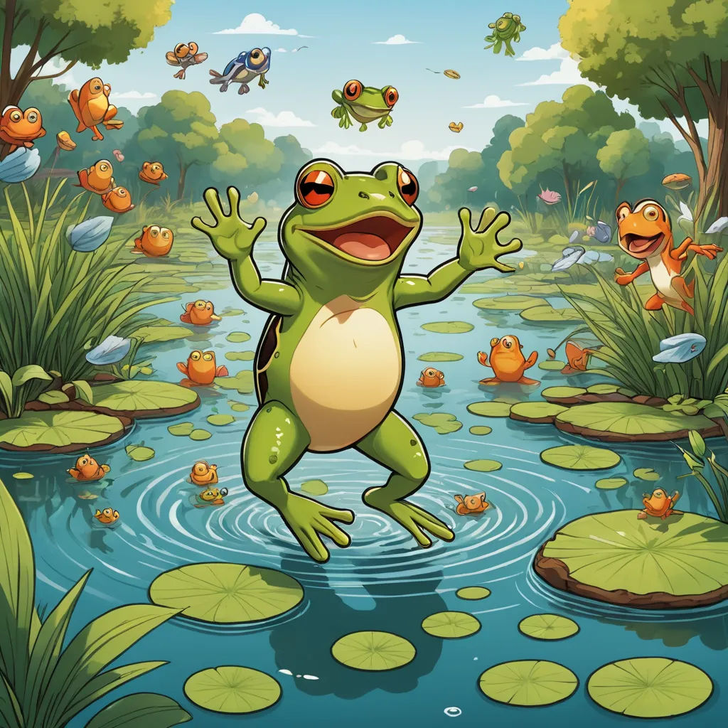 a frog jumping into a pond full of frogs and lily pads in a cartoon style illustration by artist mark brunt, fantasy art, a storybook illustration, Andries Stock, storybook illustration