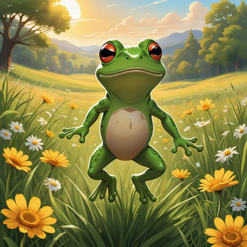 a frog is standing in a field of flowers and grass with a ball in its mouth and eyes wide open, altermodern, a character portrait, Andries Stock, magic the gathering artwork