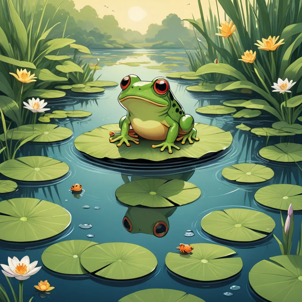 a frog sitting on a lily pad in a pond with lily pads and water lilies in the background, fantasy art, a storybook illustration, Andries Stock, highly detailed digital painting