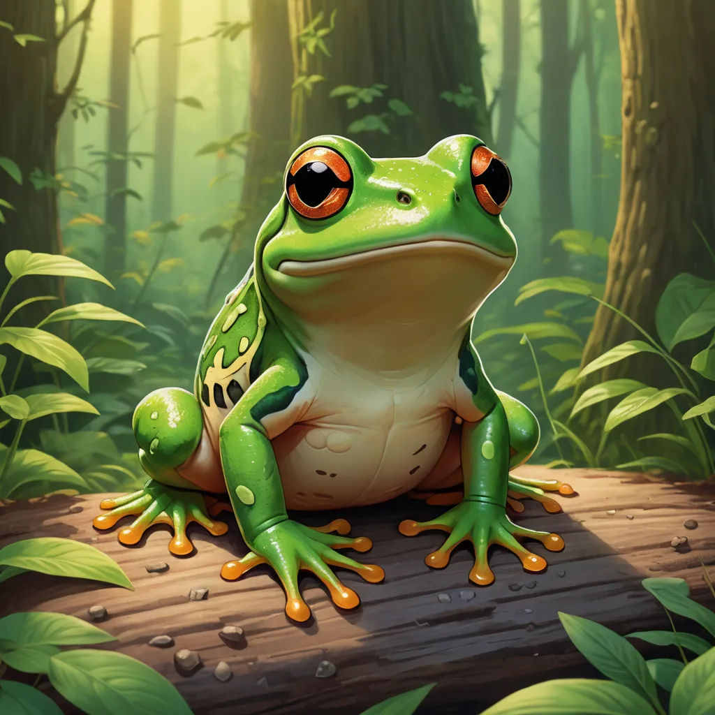 a frog sitting on a log in a forest with green leaves and a sunbeam in the background, with a green background, fantasy art, a digital painting, Andries Stock, magic the gathering artwork