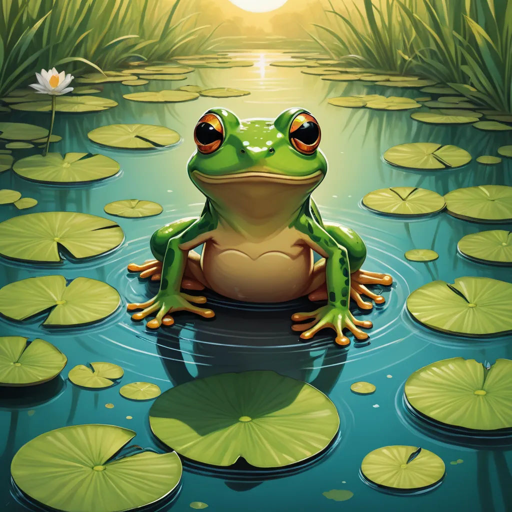 a frog sitting on a lily pad in a pond with lily pads and a sun in the background with a lily pad in the foreground, fantasy art, a storybook illustration, Andries Stock, highly detailed digital painting