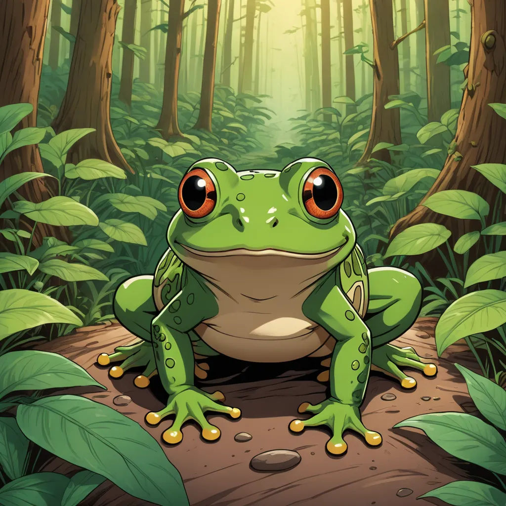 a frog sitting on a log in the forest with a bright light coming through the trees behind it and a forest floor with green leaves, fantasy art, a storybook illustration, Andries Stock, magic the gathering artwork