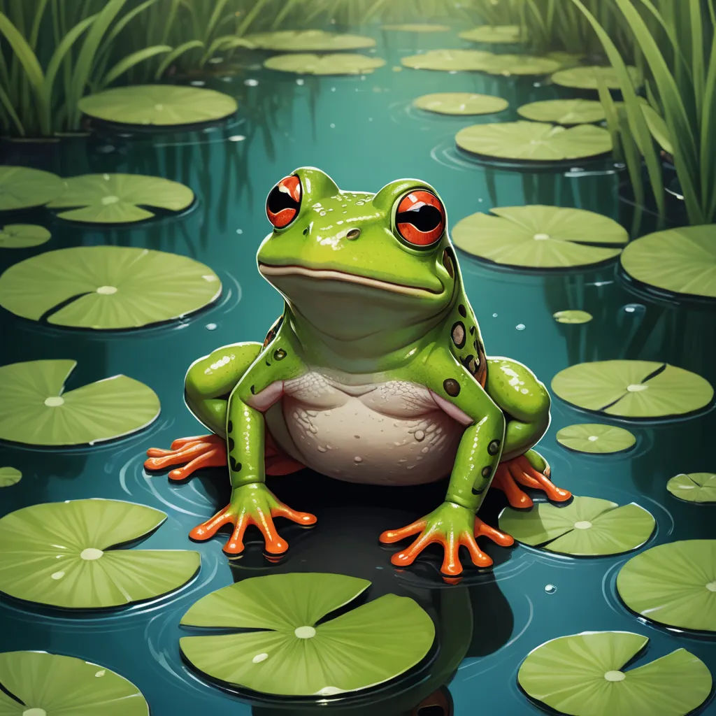 a frog sitting on a lily pad in a pond with lily pads around it and a bright light shining on the frog, fantasy art, a digital painting, Andries Stock, highly detailed digital painting