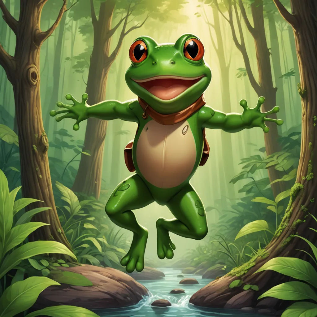 a frog jumping in the air in a forest with a stream running through it's center and surrounded by trees, fantasy art, a digital painting, Andries Stock, league of legends splash art