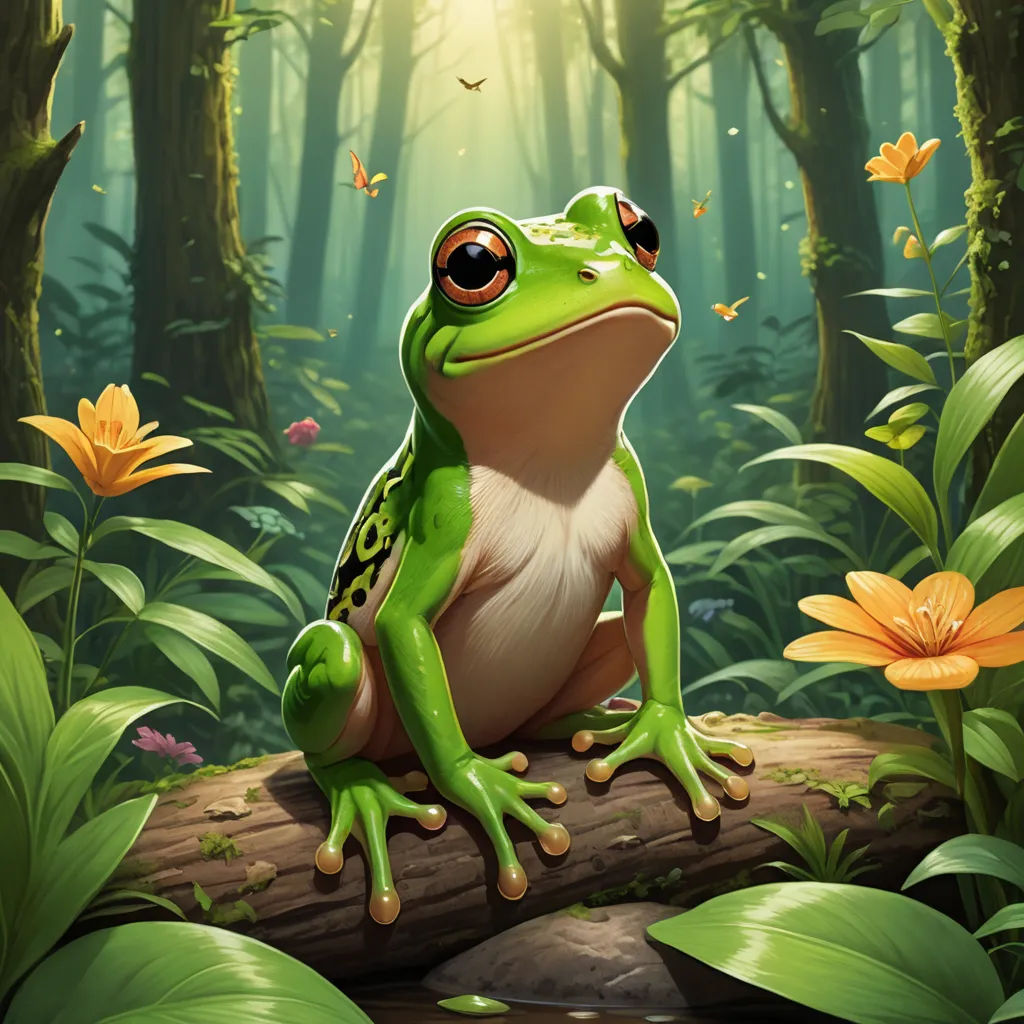 a frog sitting on a log in a forest with flowers and butterflies around it, with a sunbeam in the background, fantasy art, a digital painting, Andries Stock, magic the gathering artwork