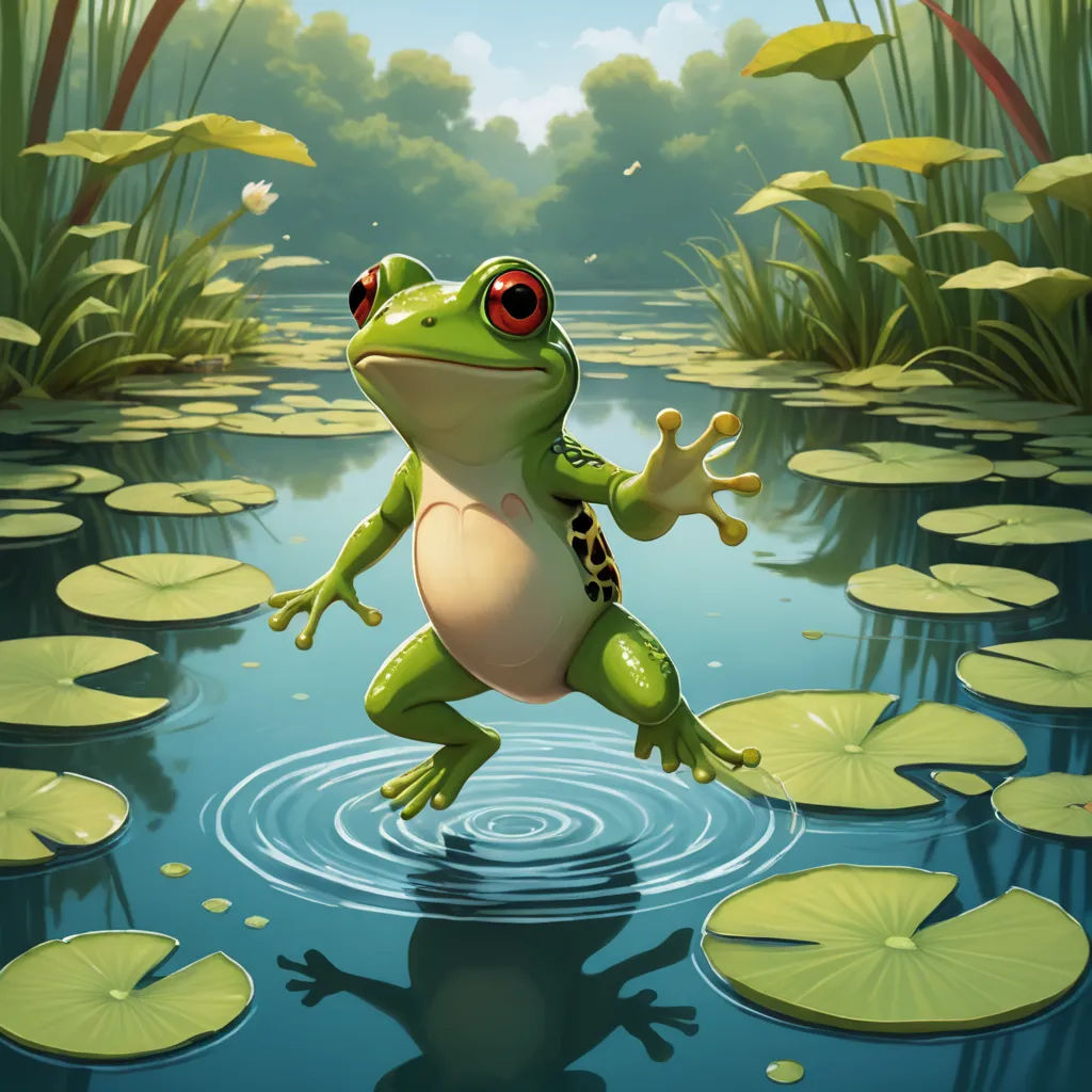 a frog is jumping into the water with lily pads on the water surface and a sky background with clouds, fantasy art, a digital painting, Chris LaBrooy, magic the gathering artwork