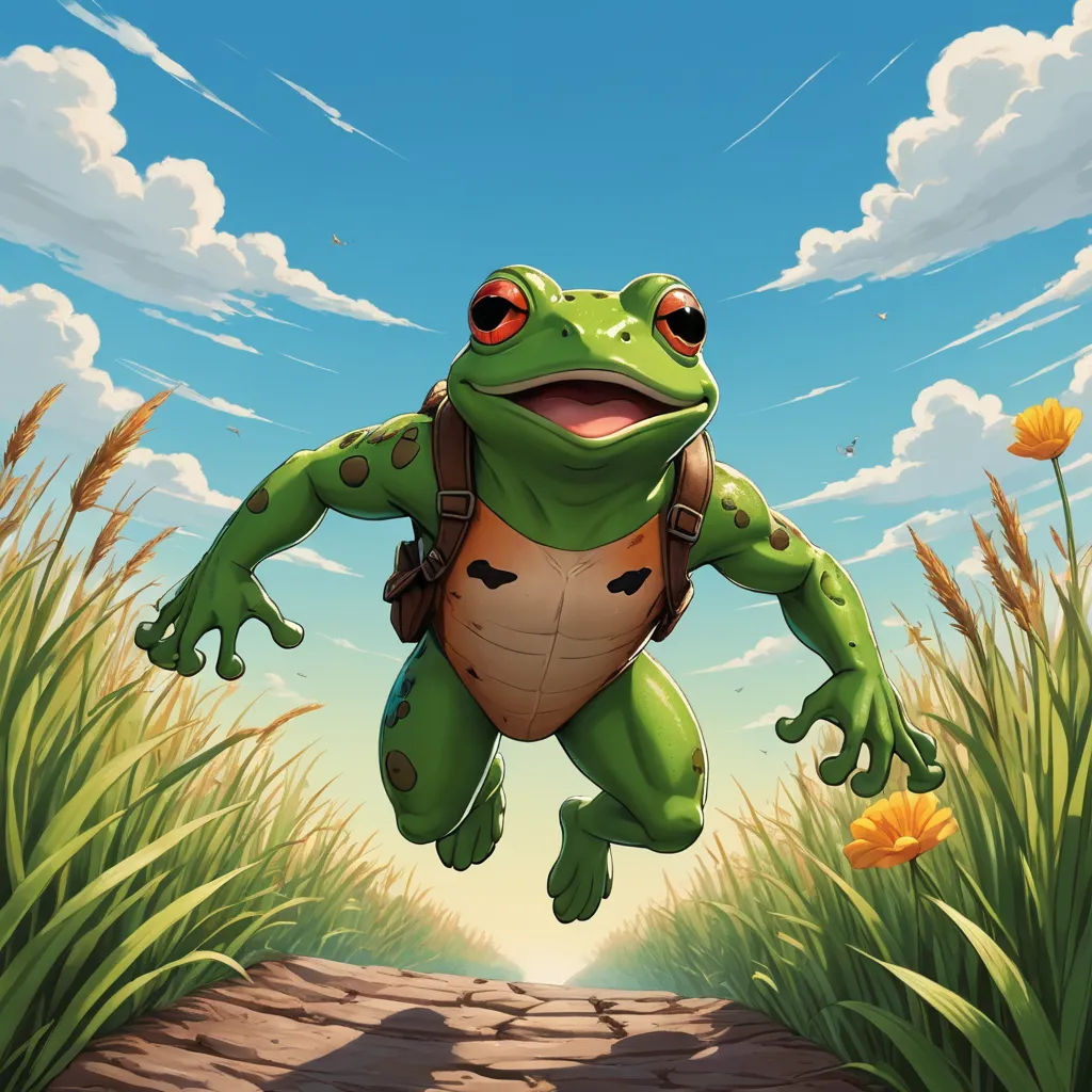 a frog is jumping in the air over a path in a field of flowers and grass with a sky background, altermodern, concept art, Chris LaBrooy, splash art
